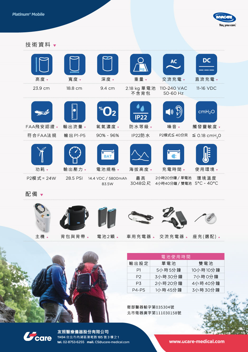 機器尺寸：高23.9cm/寬18.8cm /深9.4cm
機器重量：2.18kg（不含背包）