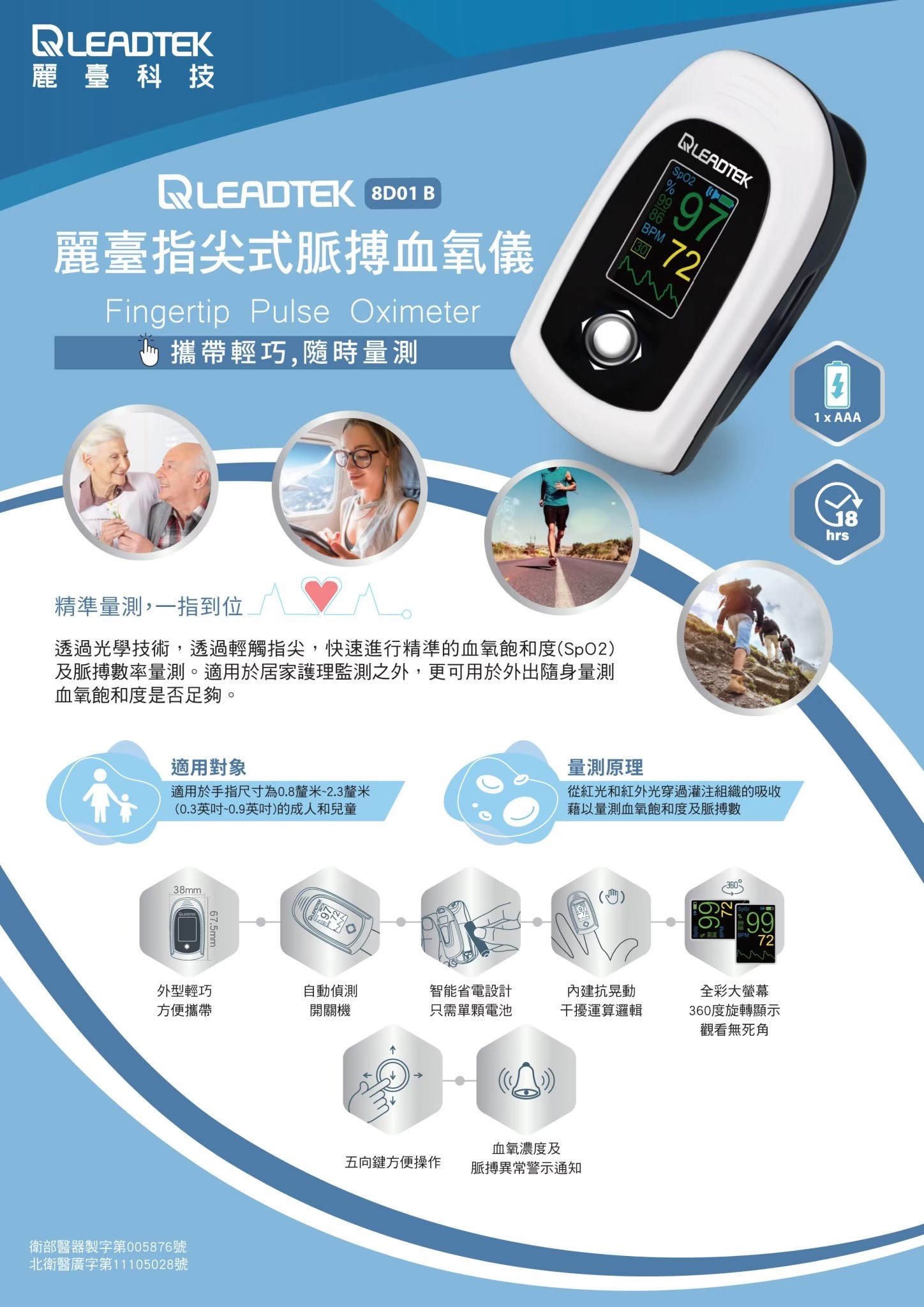 ▶  外型輕巧方便攜帶
▶  自動偵測開關機
▶  智能省電設計只需單顆電池
▶  內建抗晃動干擾運算邏輯
▶  全彩大螢幕360度旋轉顯示觀看無死角
▶  五向鍵方便操作
▶  血氧濃度及脈搏異常警示通知